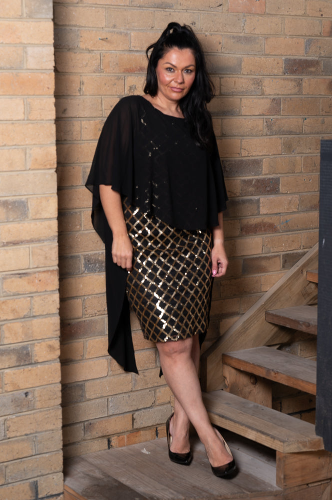 Layered short dress with argyle metallic print and mesh cape | Runway Secrets