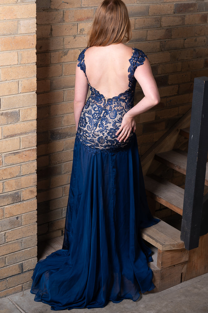 blue Low back lace embroidered evening gown with chiffon skirt | Runway Secrets