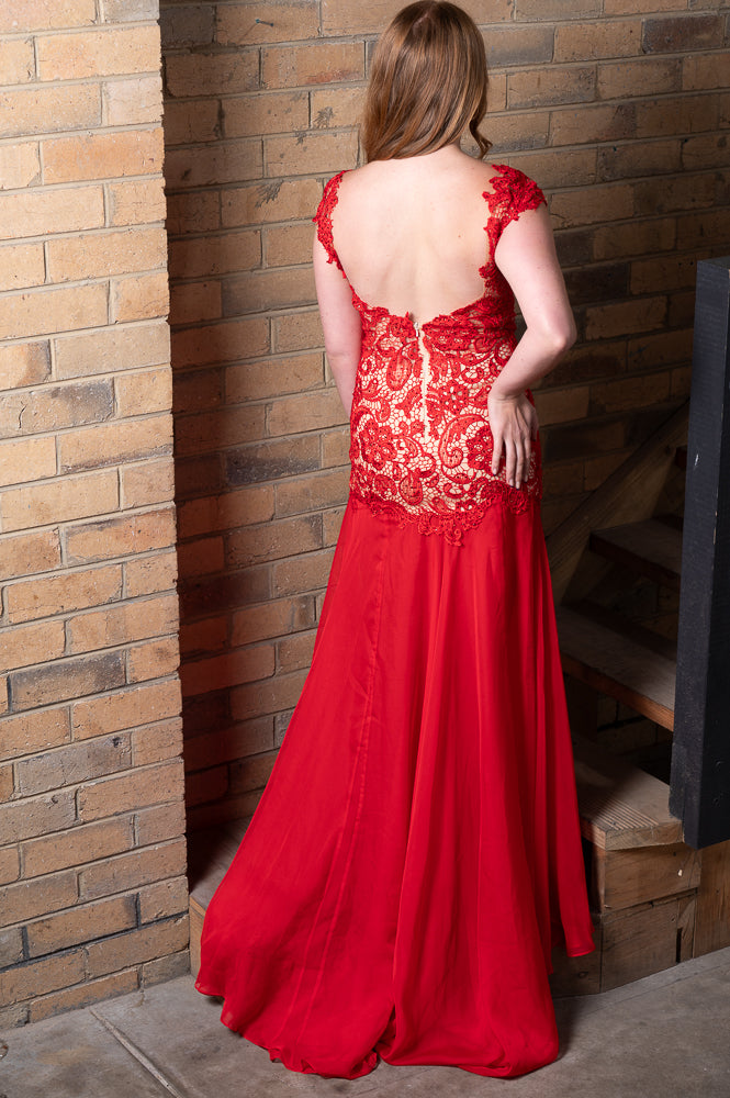 red Low back lace embroidered evening gown with chiffon skirt | Runway Secrets