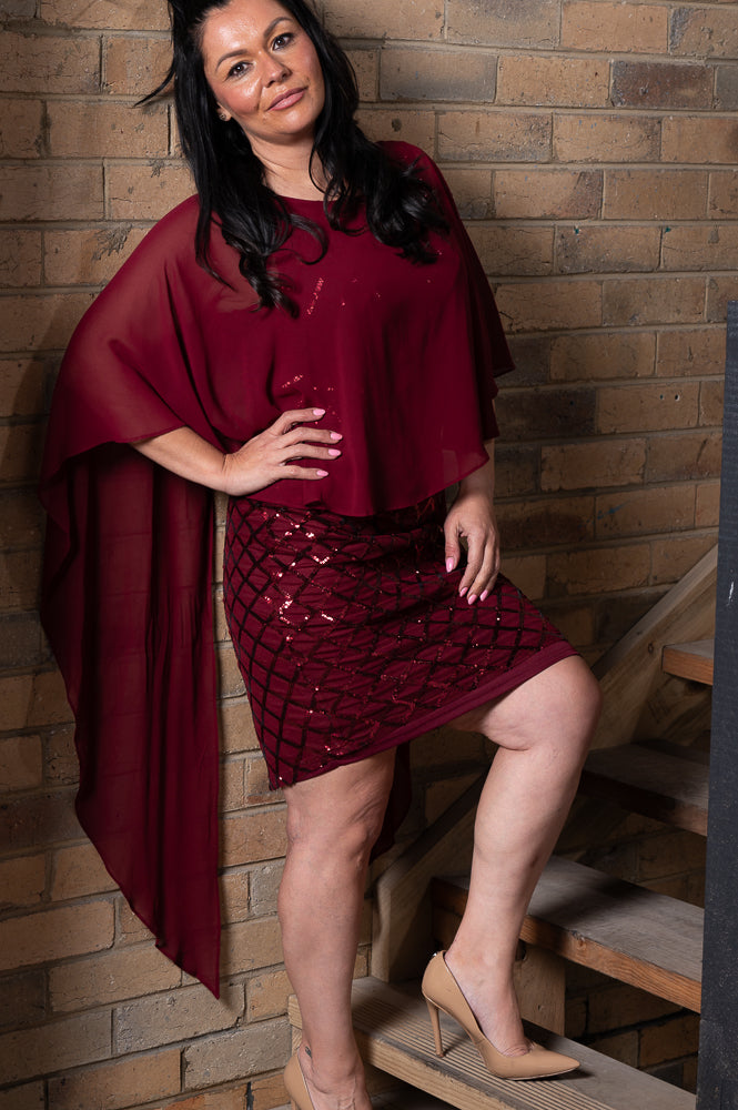 burgundy Layered short dress with argyle metallic print and mesh cape | Runway Secrets