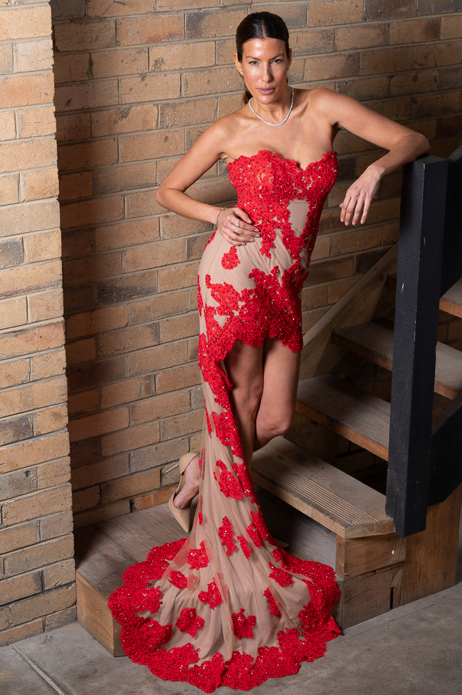 red Strapless Sweetheart Cocktail Gown with Train | Runway Secrets