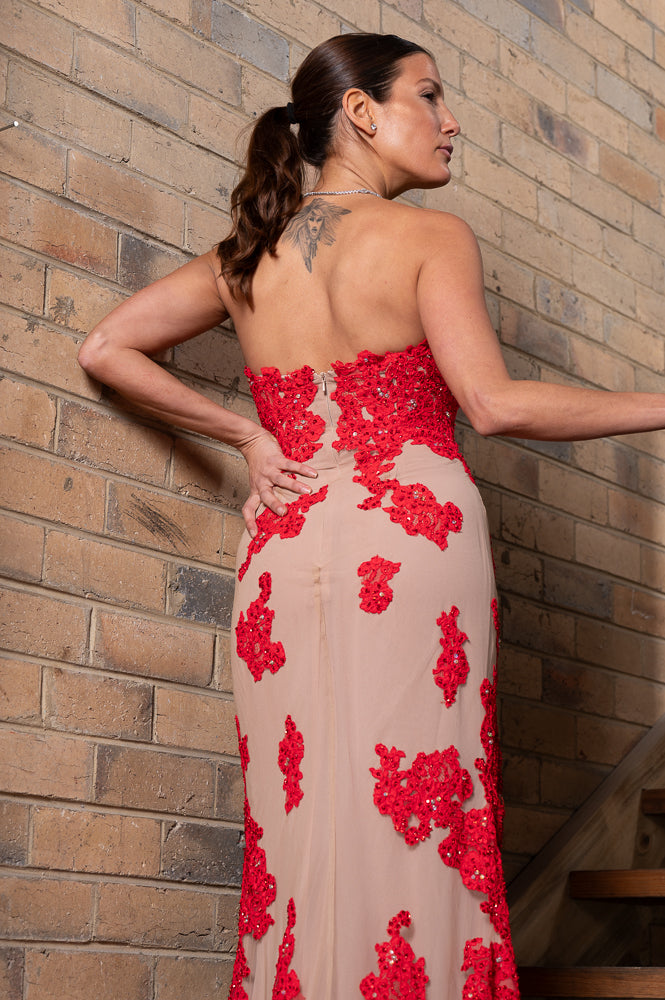 red Strapless Sweetheart Cocktail Gown with Train | Runway Secrets