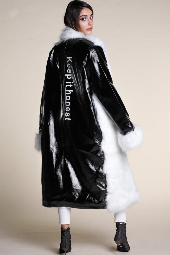 Black vinyl and white faux fur coat | Runway Secrets